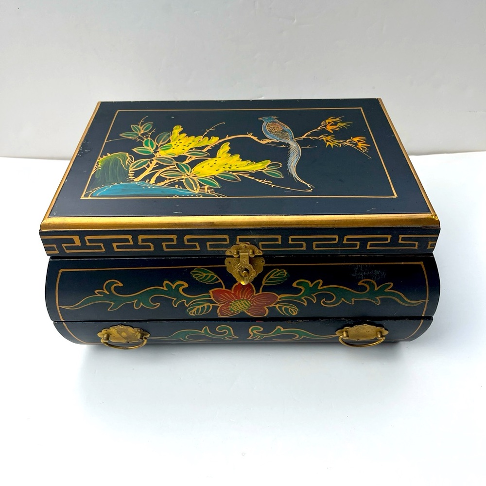 Vintage Asian Black Jewelry Box Peacock Floral Hinged Drawer Mirror Lined Red